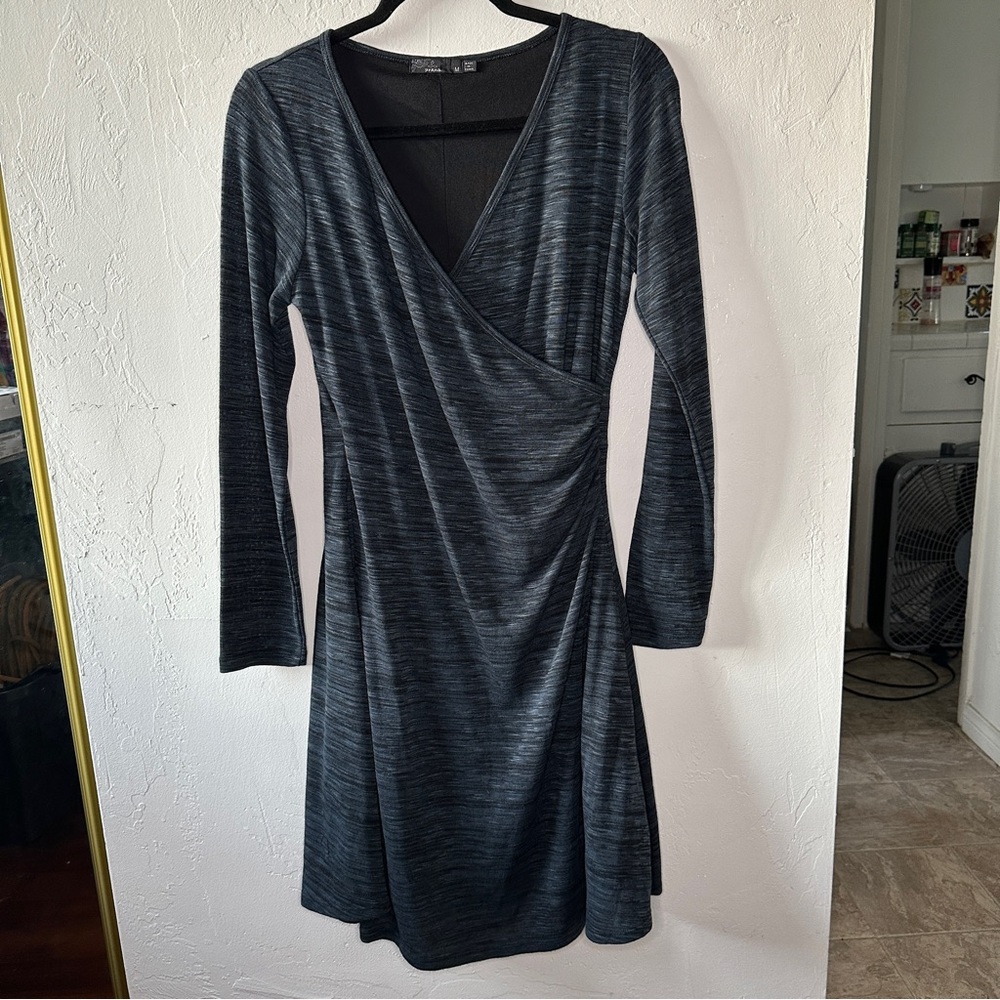 Prana Nadia Faux Wrap Dress. Green Medium Wool Blend Stretch Jersey